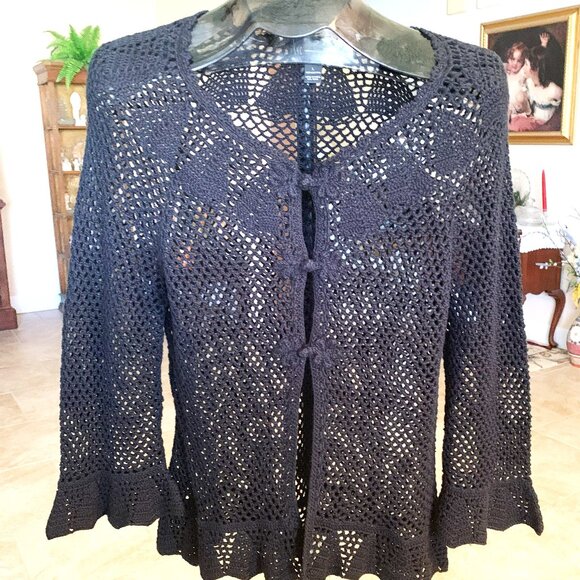 NWOT INC Black Cotton Crochet Sweater w/ 3/4 Sleeves & 3-Button Closure - Large - Picture 1 of 6